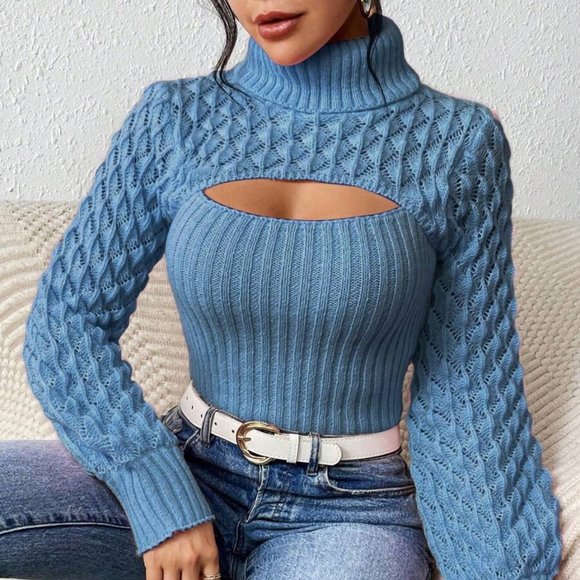 MONARCH FASHION Sweaters - Blue Turtleneck Cut Out Sweater